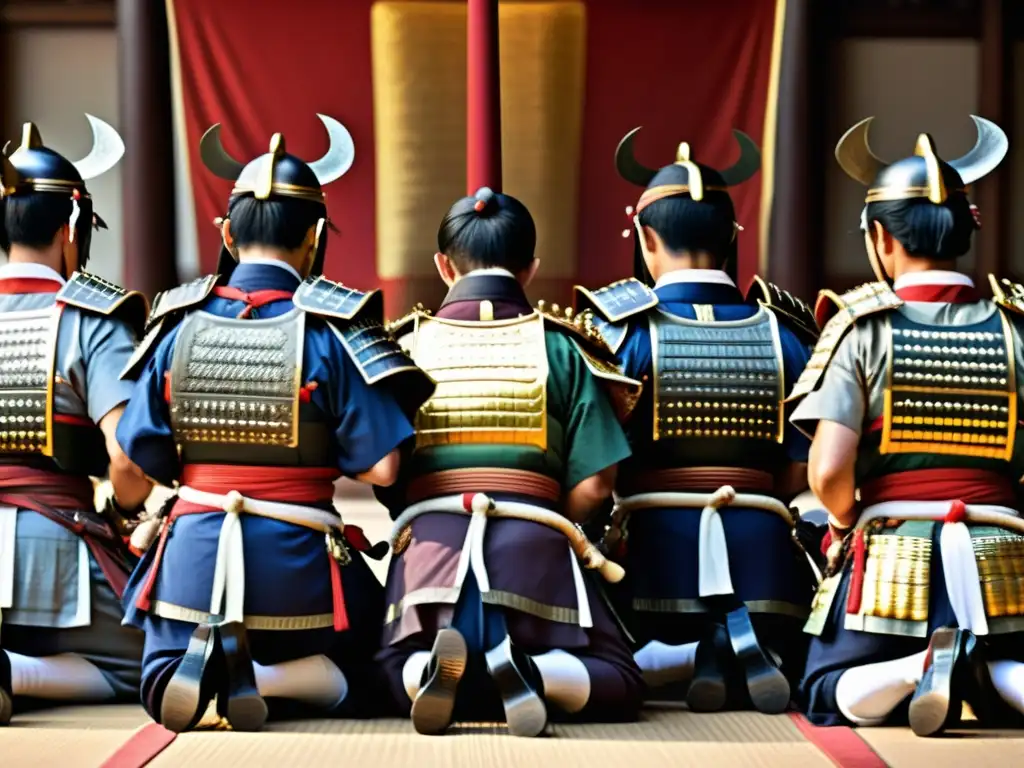 Grupo de samuráis en armadura tradicional rezando antes de la batalla, reflejando la influencia de las creencias jesuitas en la ética samurái