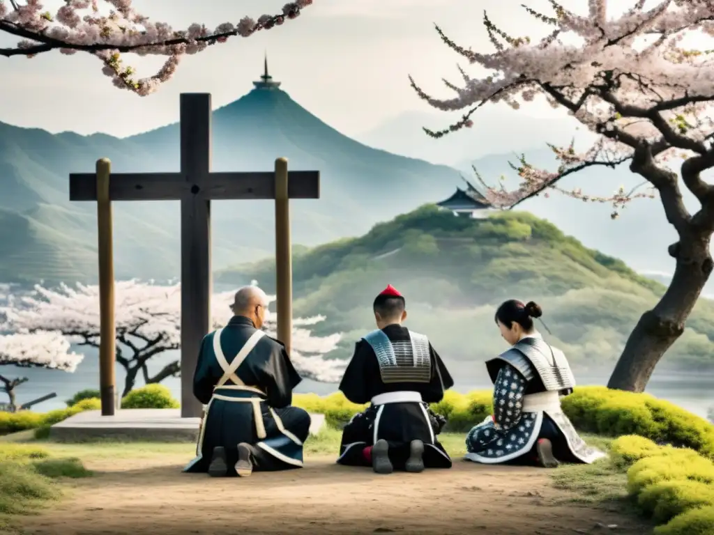 Un grupo de samuráis en armadura tradicional rezando ante una cruz cristiana, con un misionero europeo presenciando, en un paisaje japonés sereno