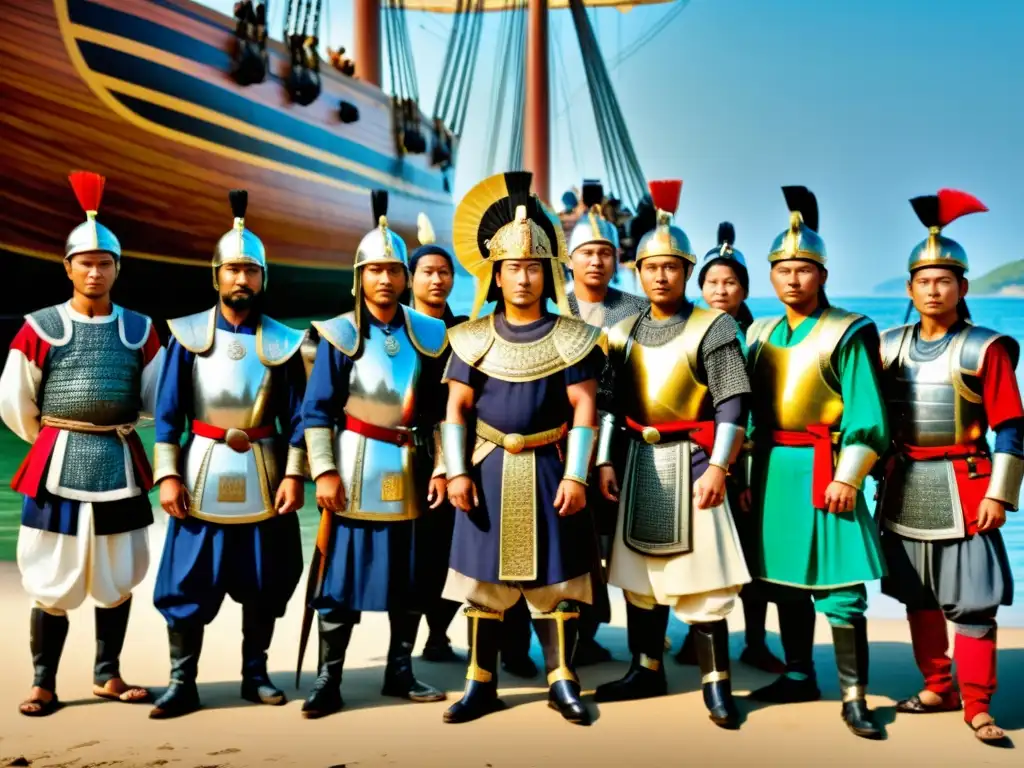 Negociación de samuráis y comerciantes europeos en el período Nanban Un grupo de samuráis en armadura tradicional negocian con comerciantes europeos frente a un barco de la era Nanban