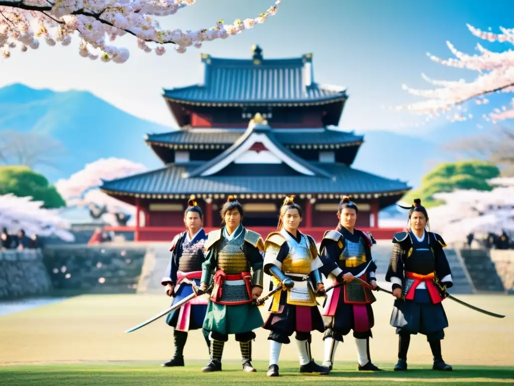 Un grupo de samuráis en armadura tradicional junto al Castillo Matsumoto, rodeados de pétalos de cerezo, en un escenario de honor y tradición en Japón