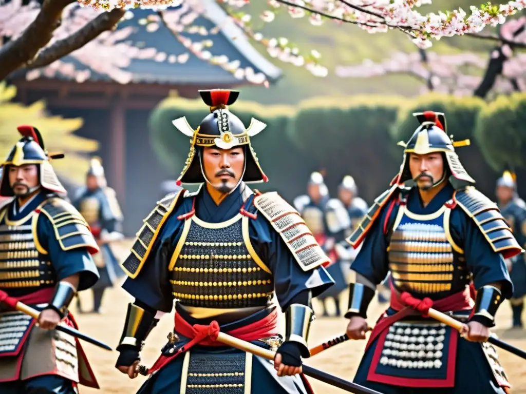 Un grupo de samuráis en armadura tradicional ejecuta una danza ceremonial bajo los cerezos en flor en el festival Men Matsuri en Iwakuni