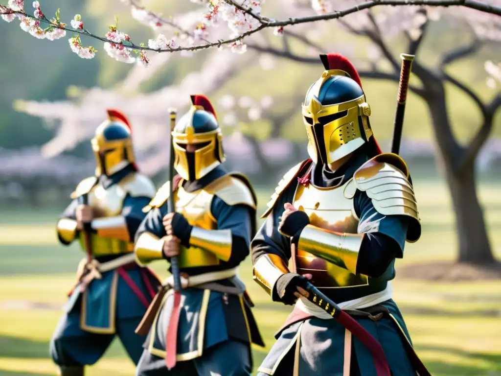 Un grupo de samuráis en armadura tradicional practican disciplina y sabiduría en un jardín de cerezos en flor