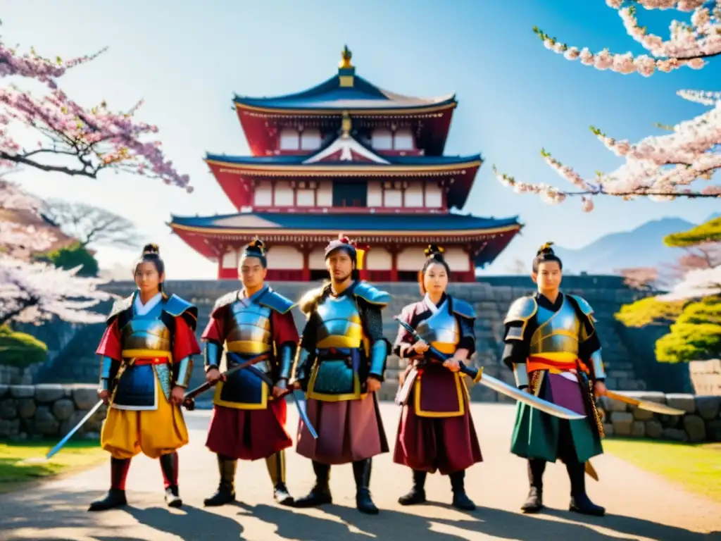 Un grupo de samuráis en armadura tradicional frente a un majestuoso castillo japonés