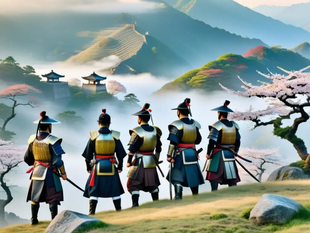 Un grupo de samuráis en armadura tradicional, de pie en la cima de una montaña neblinosa, observando un paisaje japonés antiguo