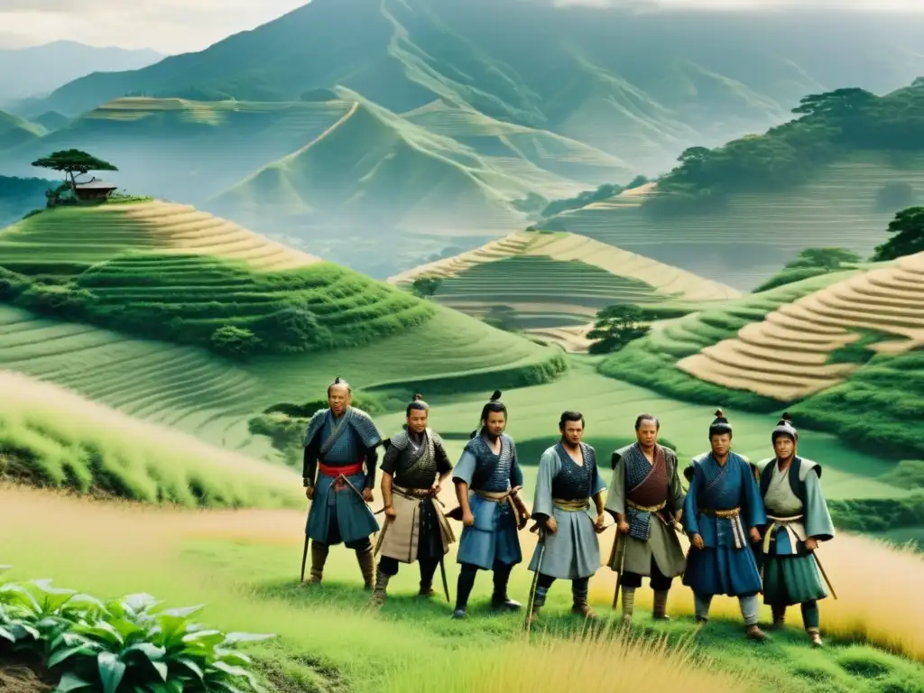 Un grupo de samuráis en armadura tradicional, de pie frente a exuberantes colinas