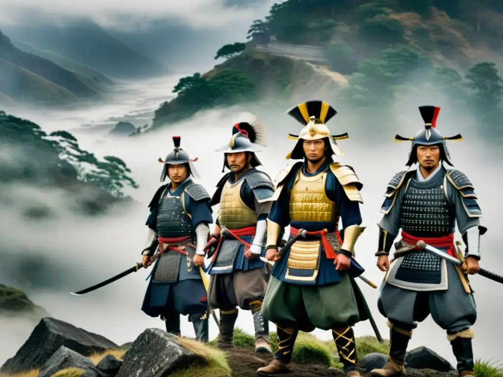 Guerreros samurái en la niebla de Chichibu Un grupo de samuráis en armadura tradicional en la neblina de Chichibu, evocando la rebelión olvidada de la historia samurái