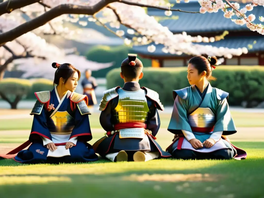 Un grupo de jóvenes samuráis en armadura tradicional practicando en un jardín con árboles de cerezo en flor