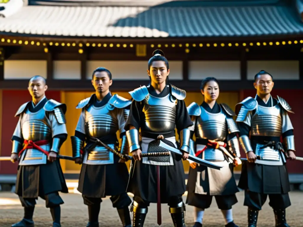 Grupo de samuráis en armadura tradicional frente a un templo japonés, simbolizando la fuerza y honor en la revolución samurái Kyūjitai