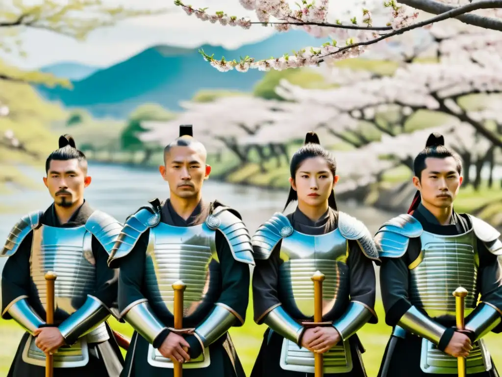 Un grupo de samuráis en armadura tradicional, con espadas a sus lados, en un paisaje japonés con cerezos en flor y un río