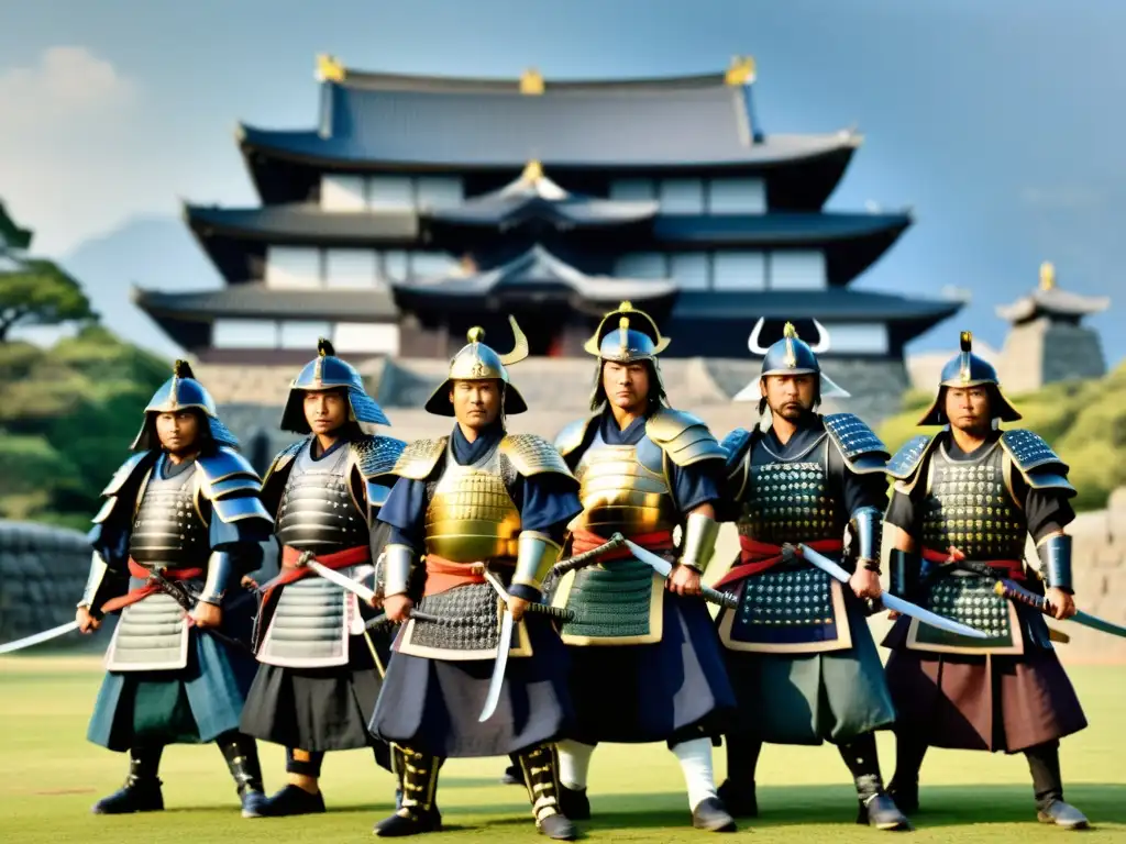 Un grupo de samuráis en armadura tradicional y katanas frente a un castillo japonés