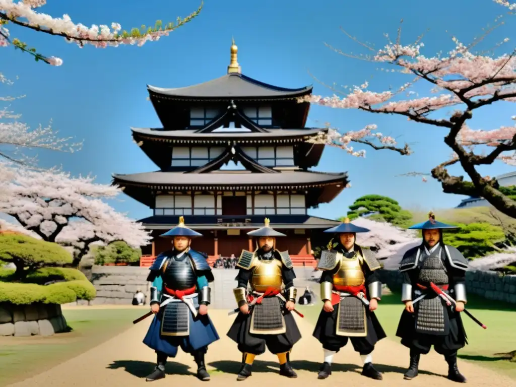 Un grupo de samuráis en armadura tradicional frente a un majestuoso castillo japonés, con cerezos en flor