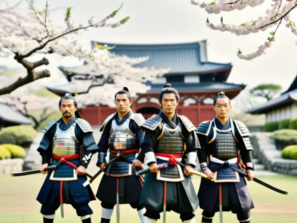 Grupo de samuráis en armadura tradicional, con katanas, frente a un castillo japonés con árboles de cerezo en flor