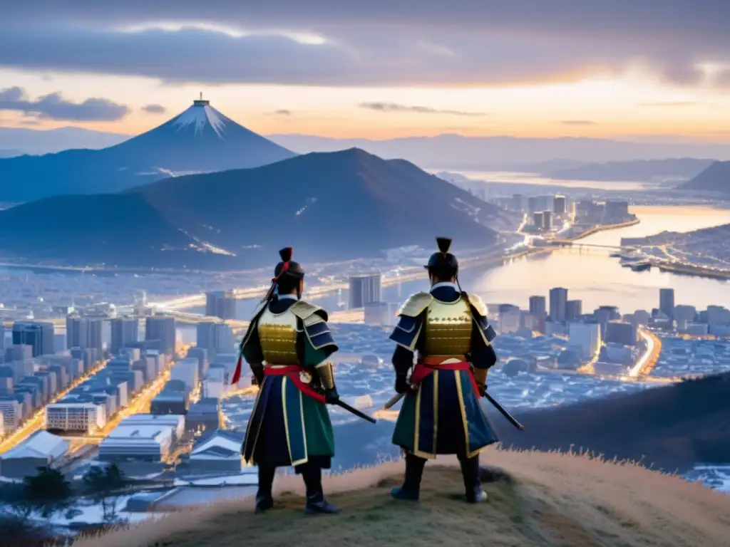 Un grupo de samuráis en armadura tradicional observa la ciudad de Hakodate al atardecer, simbolizando El Asedio de Hakodate