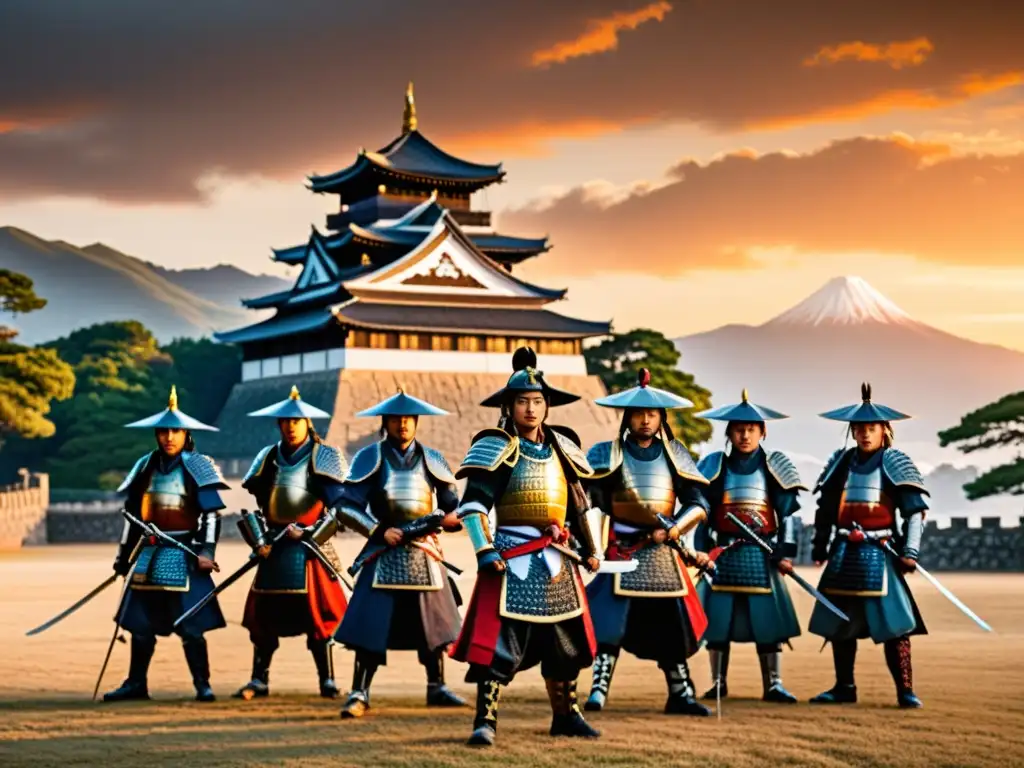 Grupo de samuráis en armadura tradicional frente a un majestuoso castillo japonés al atardecer