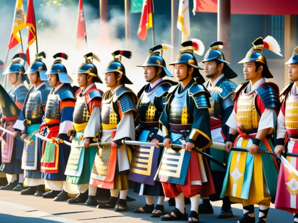 Un grupo de samuráis en armadura y trajes festivos, listos para un vibrante desfile