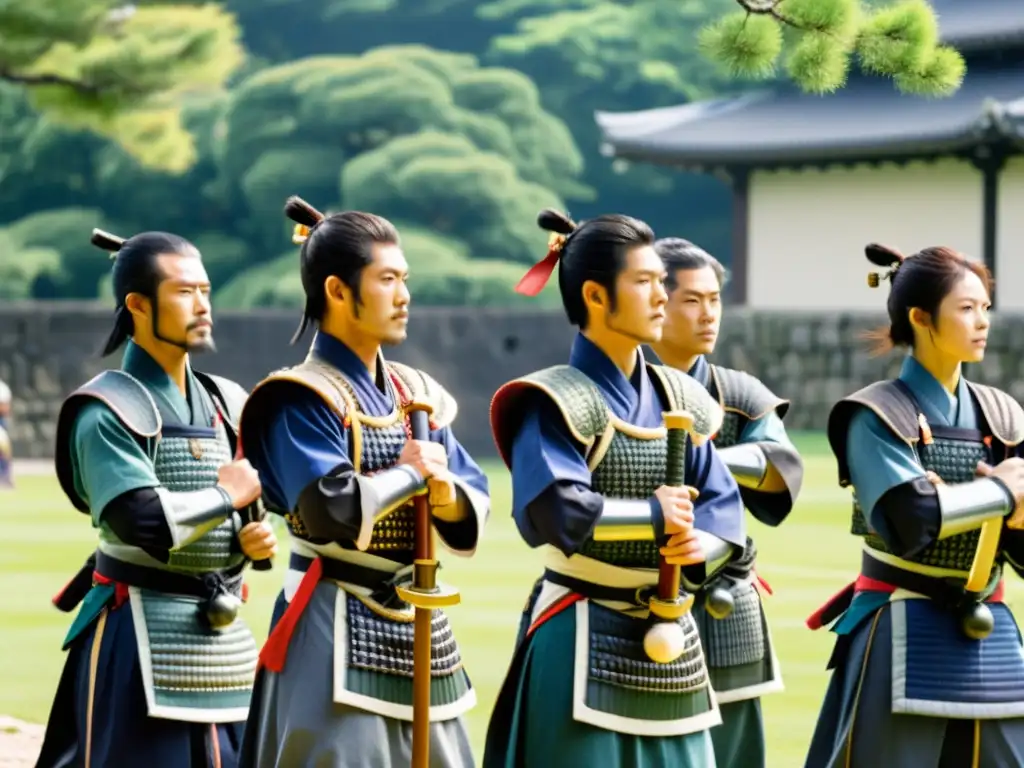 Un grupo de samuráis en formación, con armaduras brillantes, listos para la defensa del Castillo de Edo