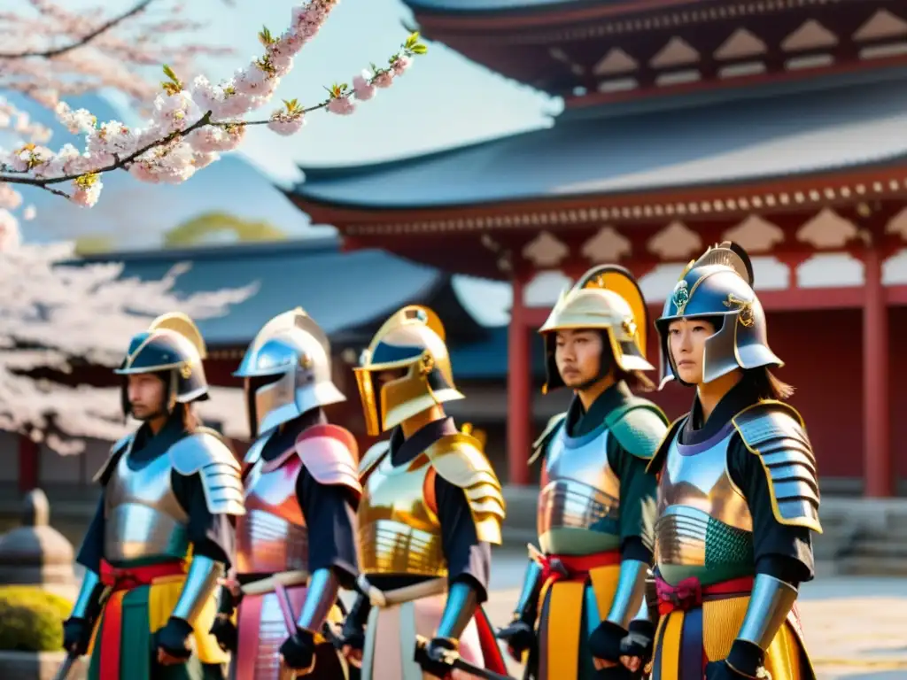 Un grupo de samuráis con sus armaduras coloridas y expresiones solemnes frente a un templo japonés