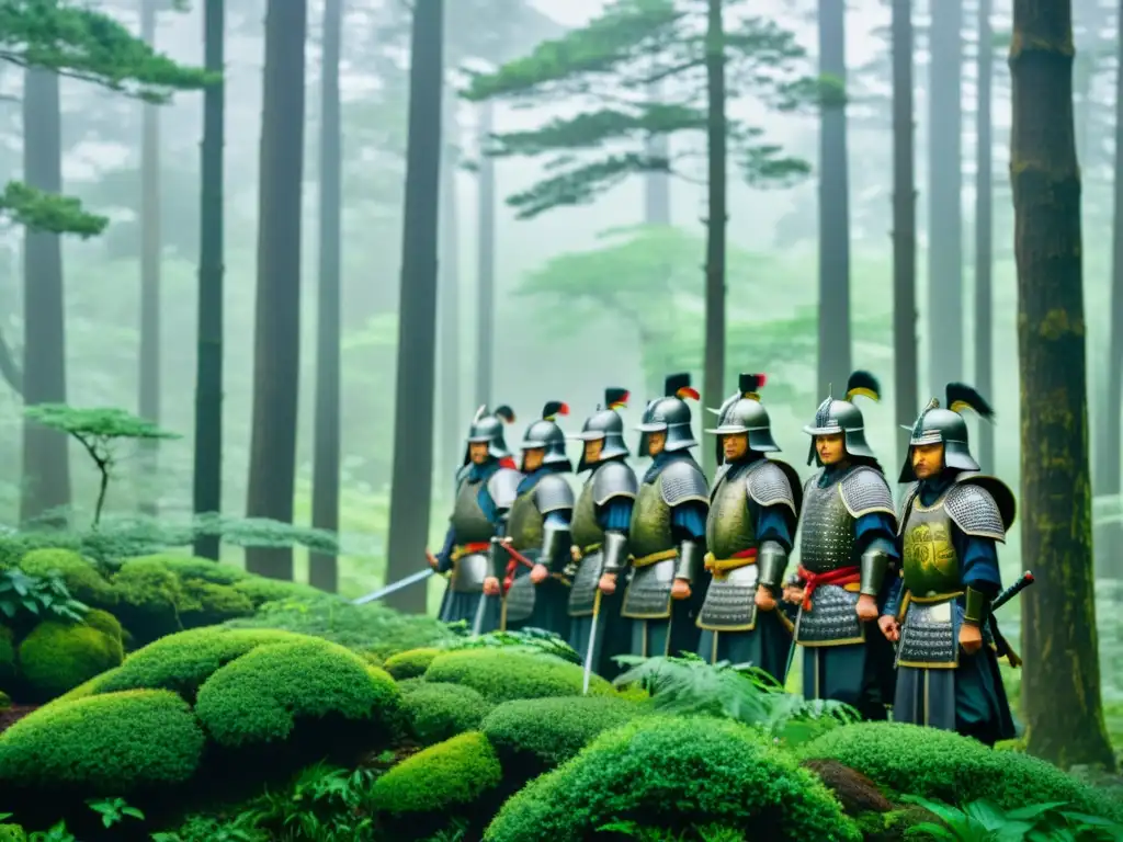 Grupo de samuráis en armaduras ornamentadas en un bosque neblinoso, reflejando la disciplina y honor de la Filosofía del Bushido en sociedad