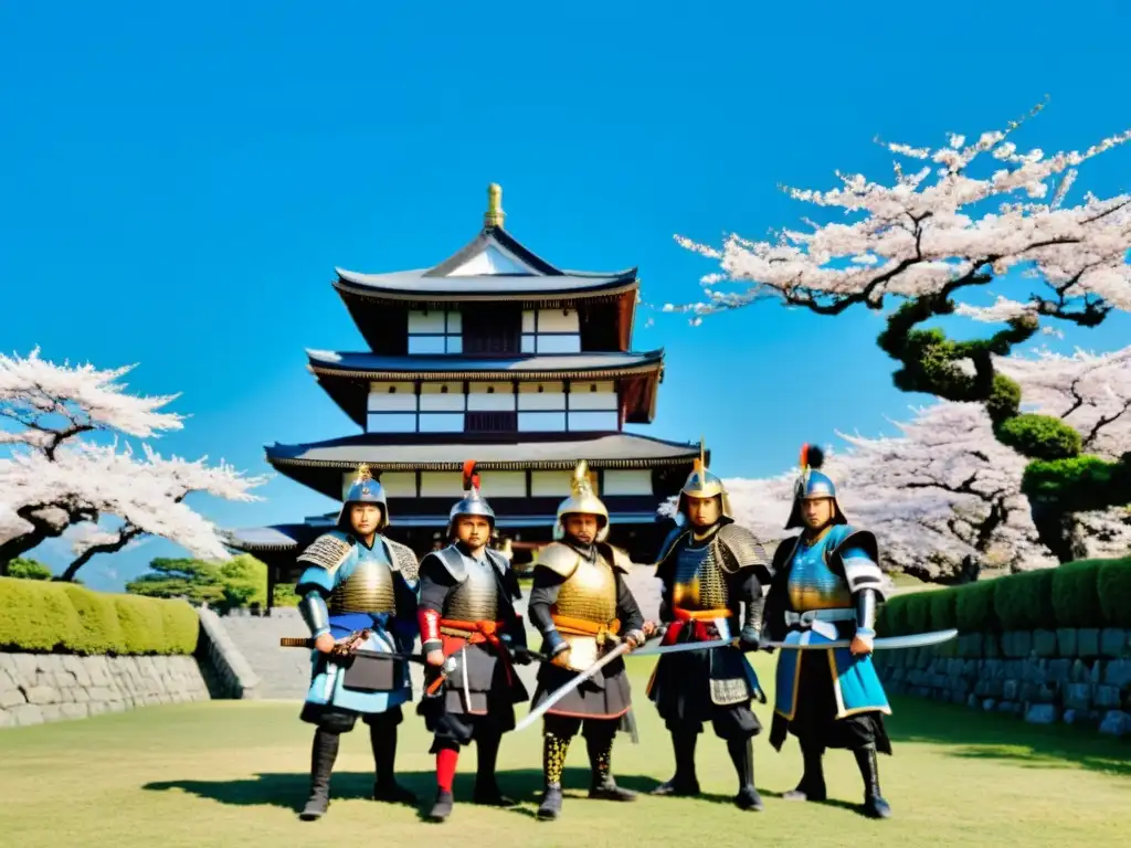 Un grupo de samuráis en armaduras tradicionales, frente a un castillo japonés en Iwakuni