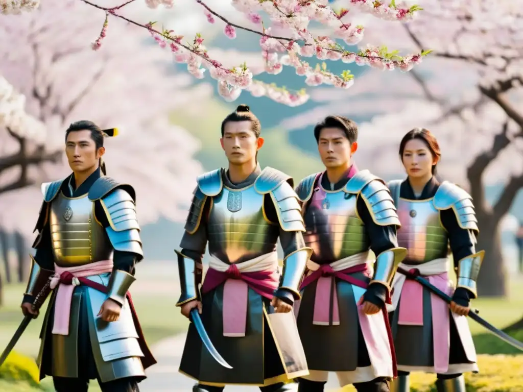 Un grupo de samuráis en armaduras tradicionales bajo cerezos en flor, demostrando la consolidación del poder samurái durante el shogunato Ashikaga