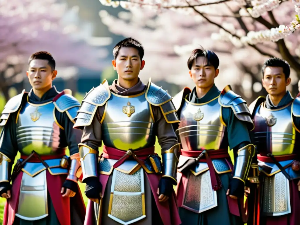 Un grupo de samuráis en armaduras tradicionales posan bajo cerezos en flor, evocando la leyenda de la Guerra Boshin en Japón