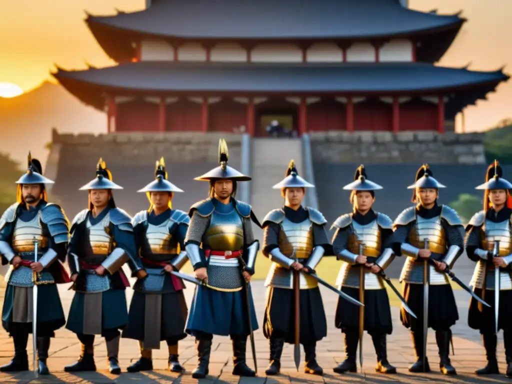 Un grupo de samuráis con armaduras tradicionales y armas, frente a un castillo japonés al atardecer