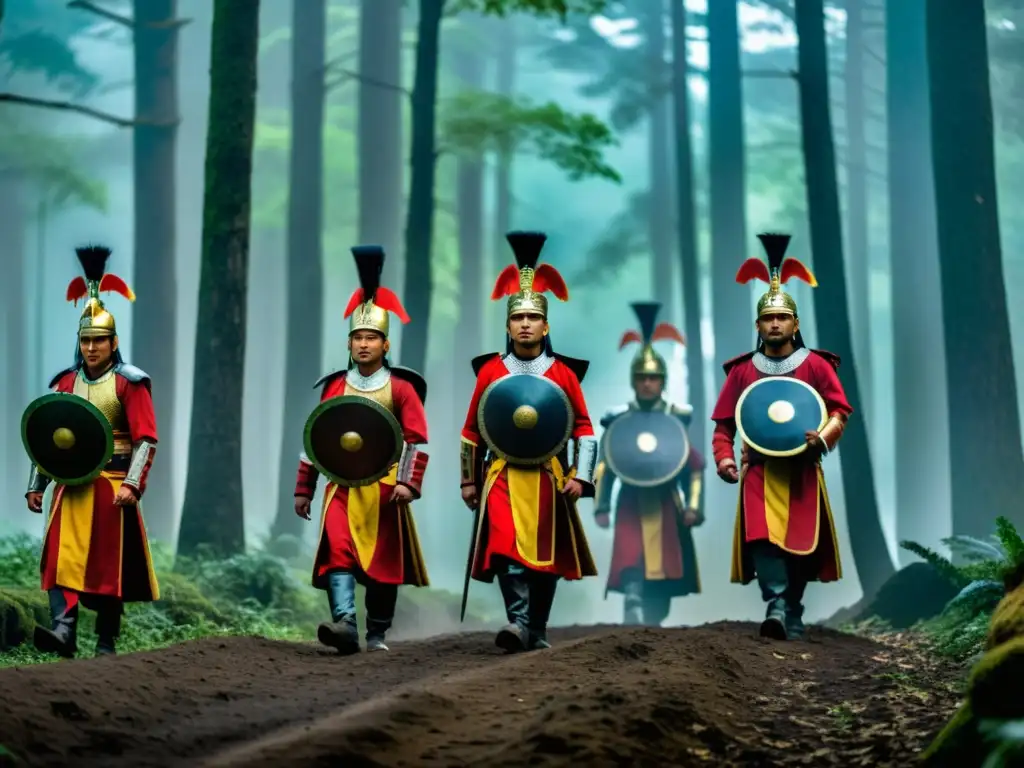 Un grupo de samuráis en armaduras tradicionales marcha por un bosque brumoso