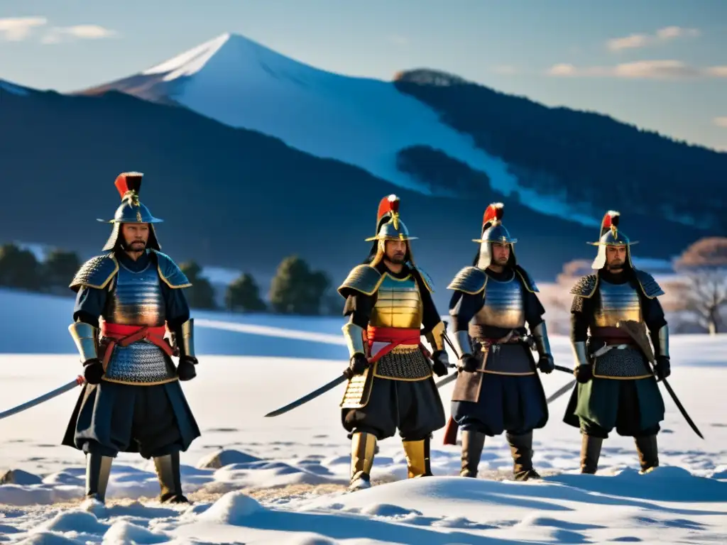 Un grupo de samuráis en armaduras tradicionales se prepara para El Asedio de Hakodate en un desolado campo nevado al atardecer