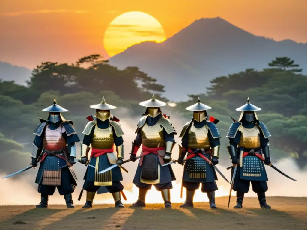 Un grupo de samuráis con armaduras tradicionales y katanas en un paisaje japonés al atardecer