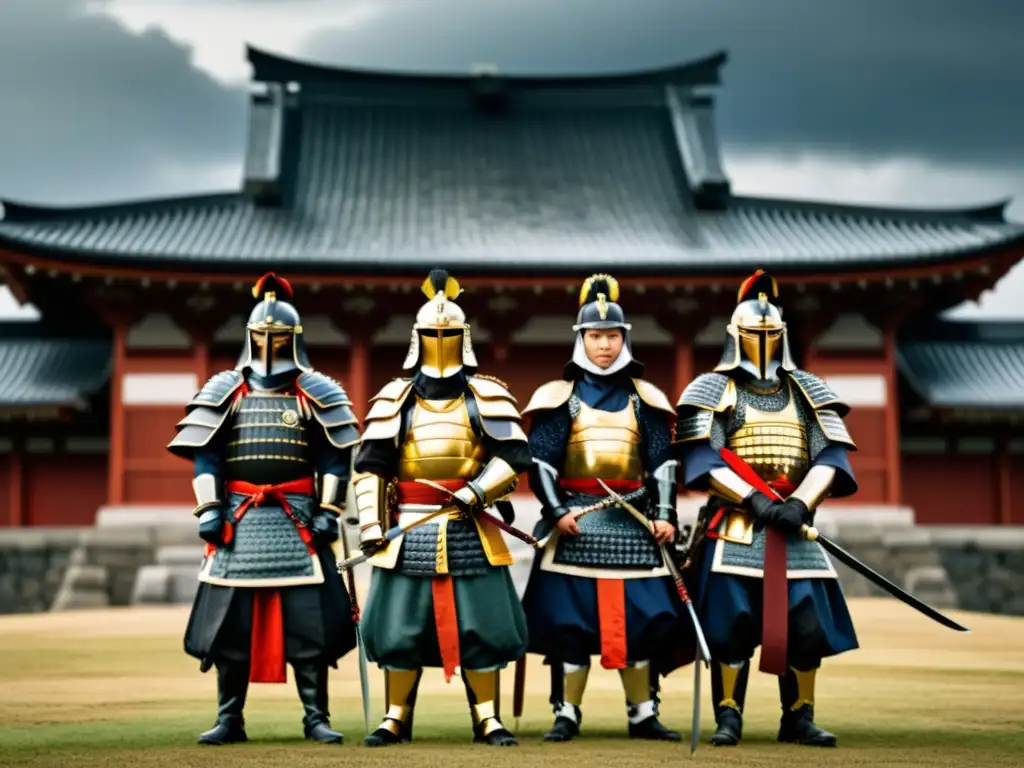 Un grupo de samuráis en armaduras tradicionales frente a un imponente castillo japonés bajo un cielo nublado