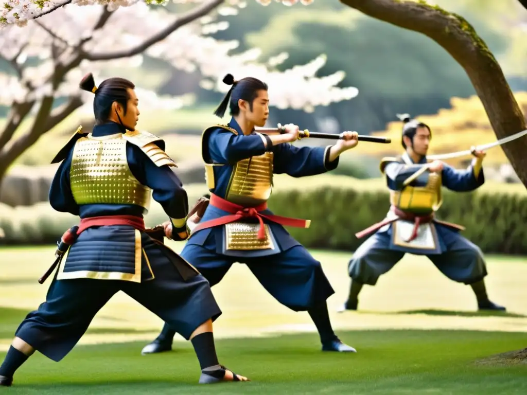 Un grupo de samuráis en armaduras tradicionales practican artes marciales en un jardín sereno, con árboles de cerezos en plena floración