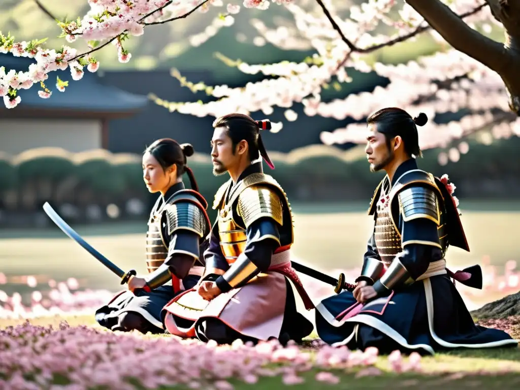 Un grupo de samuráis arrodillados con sus katanas desenfundadas bajo los cerezos en flor, seducidos por la Espada Samurái