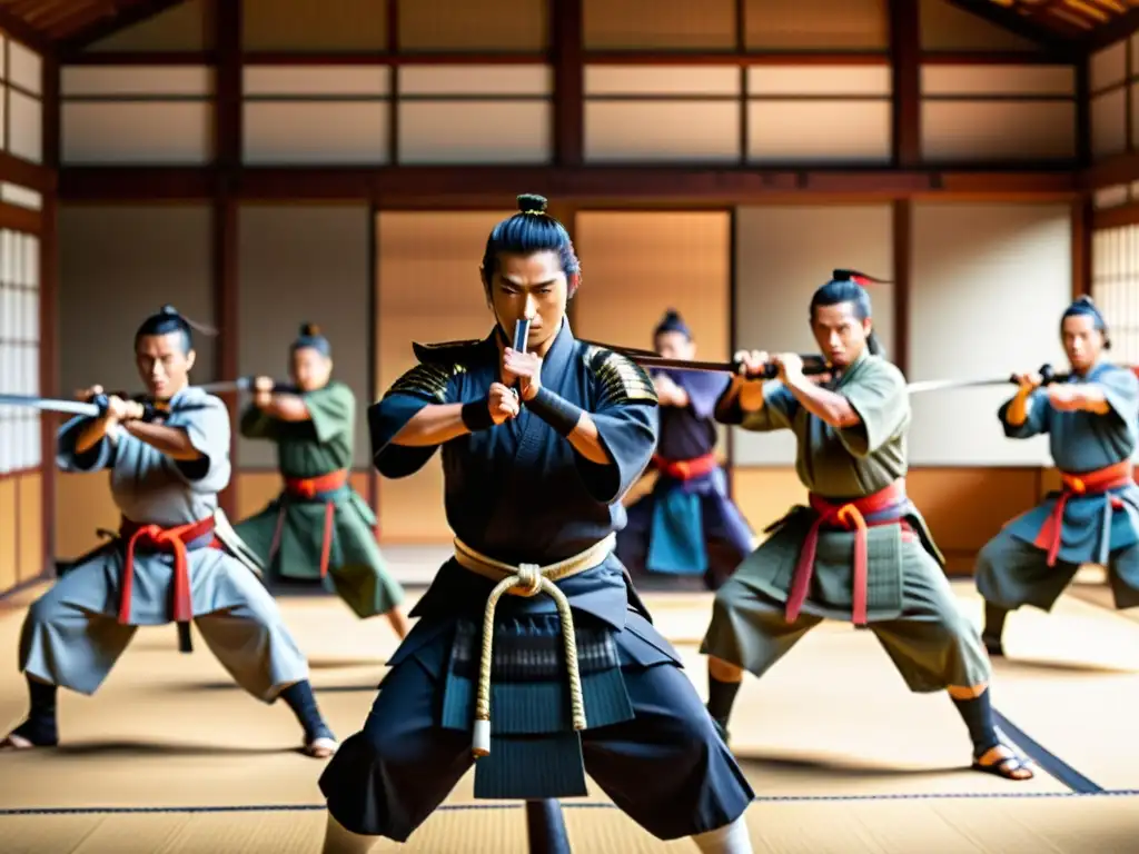 Grupo de samuráis practicando artes marciales en un dojo tradicional japonés, transmitiendo los valores de disciplina, honor y habilidad