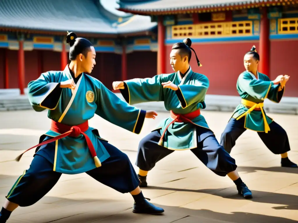 Un grupo de samuráis practica artes marciales en un patio sereno, mostrando la influencia china en tácticas samuráis