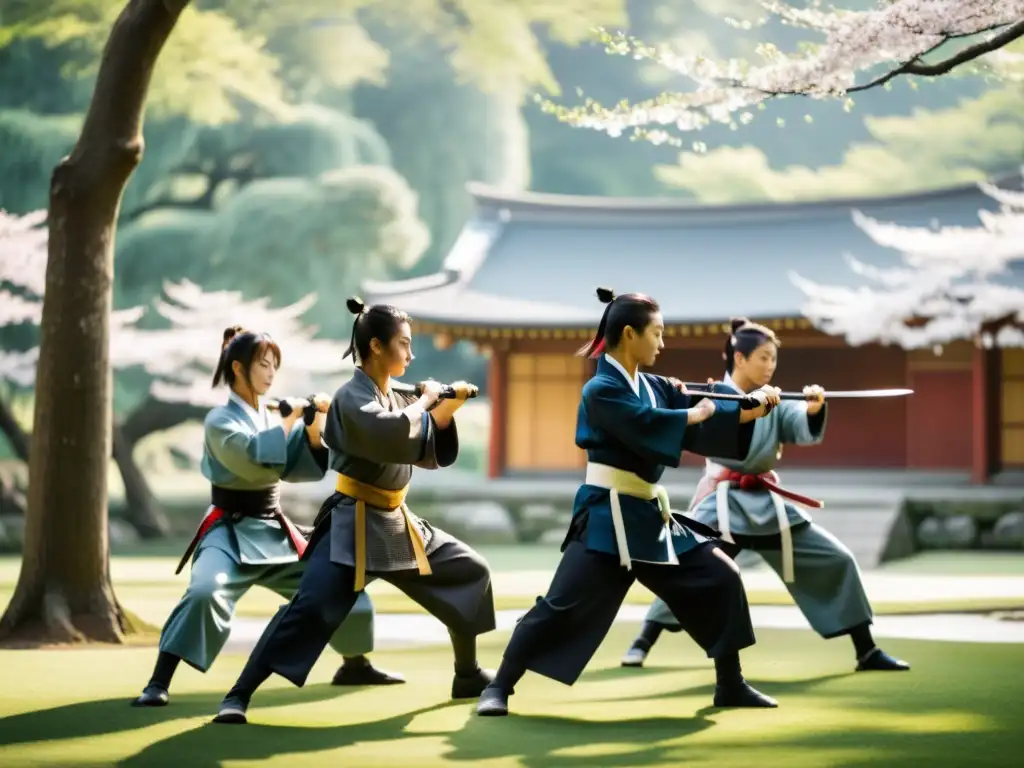 Un grupo de samuráis practicando artes marciales en un jardín japonés, reflejando la influencia china en tácticas samuráis