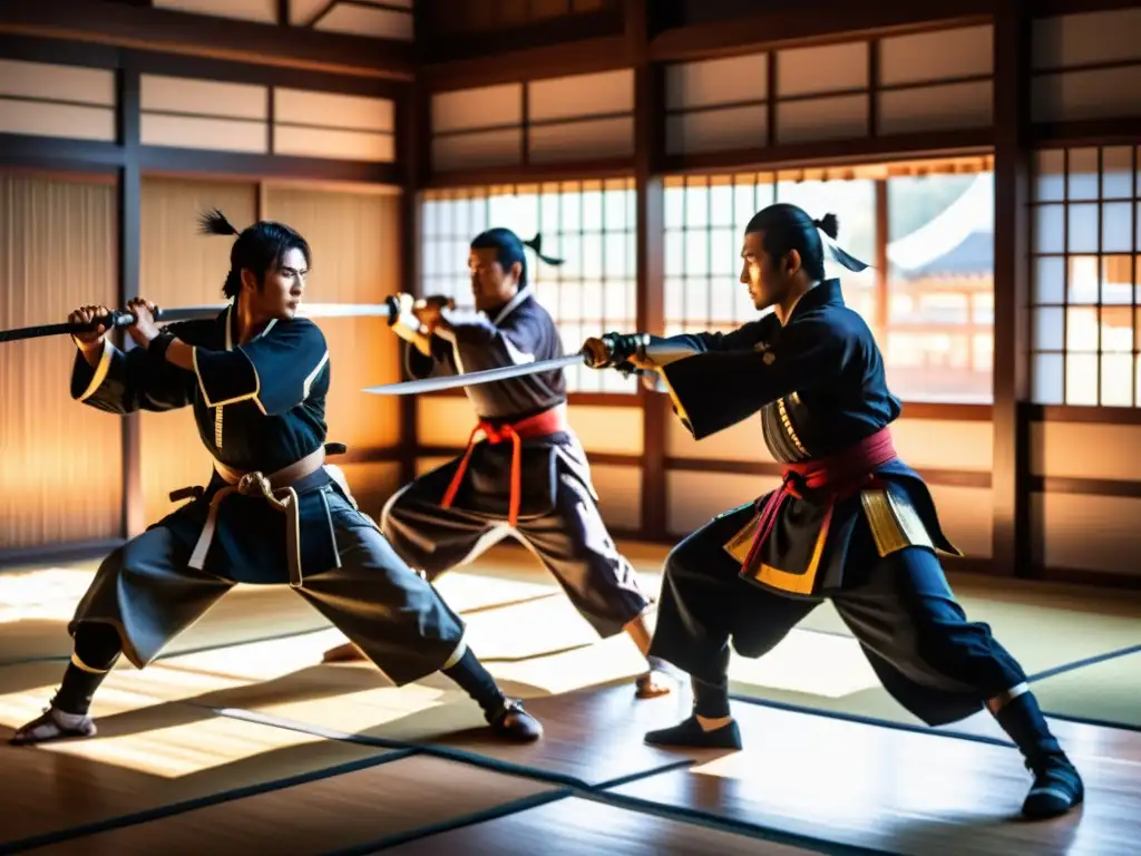 Un grupo de samuráis practican artes marciales en un dojo tradicional durante la Restauración Meiji, exudando disciplina y honor