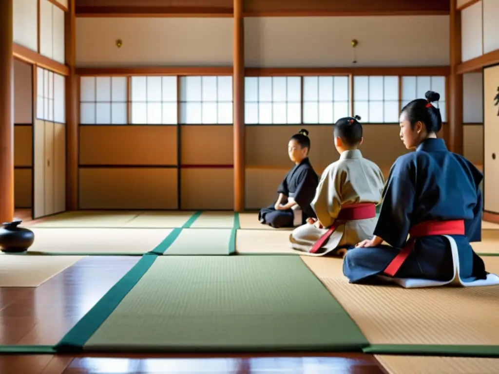 Grupo de jóvenes samuráis practicando artes marciales bajo la atenta mirada de su sensei en un dojo tradicional japonés