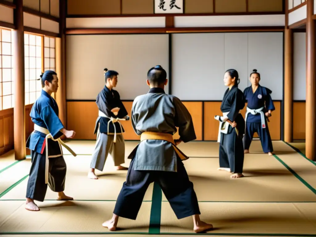 Grupo de samuráis practicando artes marciales en un dojo japonés tradicional, reflejando la vida en el Japón feudal