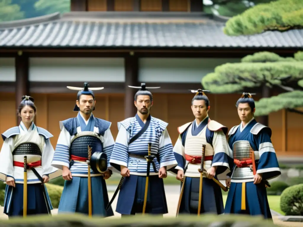 Samuráis Shinsengumi: Honor y disciplina en imagen histórica Un grupo de samuráis Shinsengumi en atuendo tradicional, con expresiones serias, frente a un edificio histórico y jardín japonés
