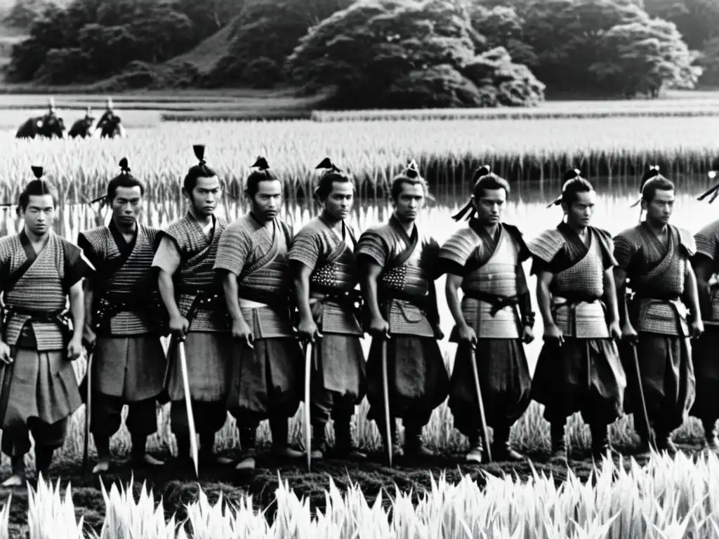 Un grupo de samuráis se prepara para la batalla en un campo de arroz, evocando la influencia samurái en el cine de artes marciales