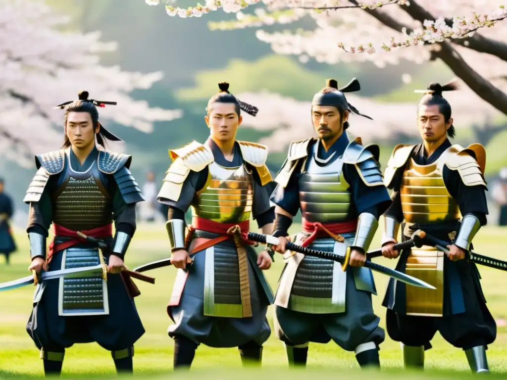 Grupo de samuráis en formación de batalla bajo la luz cálida entre los árboles de sakura, difusores de la cultura japonesa