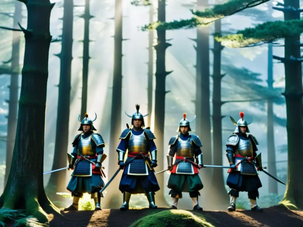 Grupo de samuráis en el bosque neblinoso al amanecer, evocando la consolidación de poder samurái shogunato Ashikaga