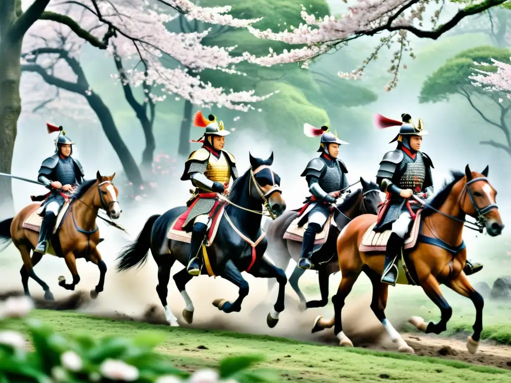 Grupo de samuráis a caballo en un bosque de cerezos en flor durante la evolución de la caballería samurái en el período Edo