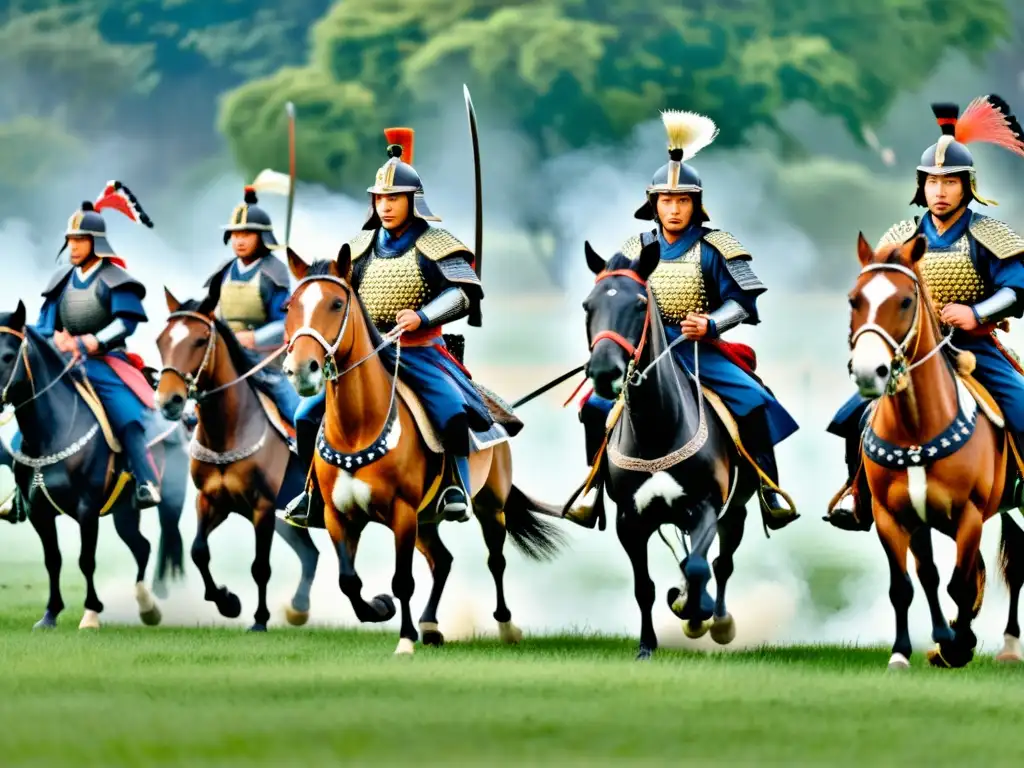 Un grupo de samuráis a caballo, listos para la batalla, con arquería samurái en campos de batalla