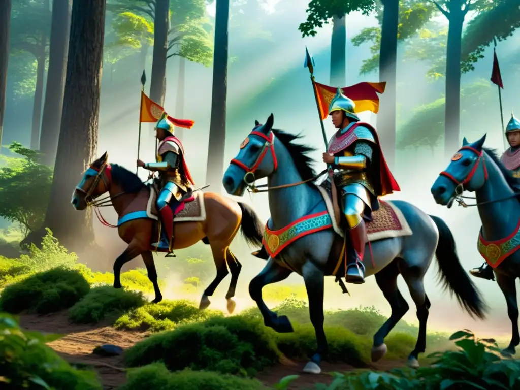 Batalla de samuráis en el bosque neblinoso Grupo de samuráis a caballo en la rebelión Chichibu: Levantamiento olvidado historia samurái, rodeados de bosque neblinoso y banderas coloridas