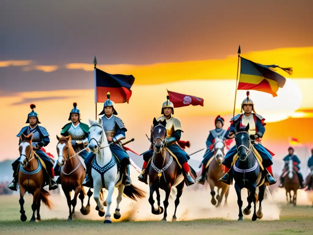 Un grupo de samuráis a caballo en una reenactment ceremonial al atardecer, evocando la historia y filosofía del bushido