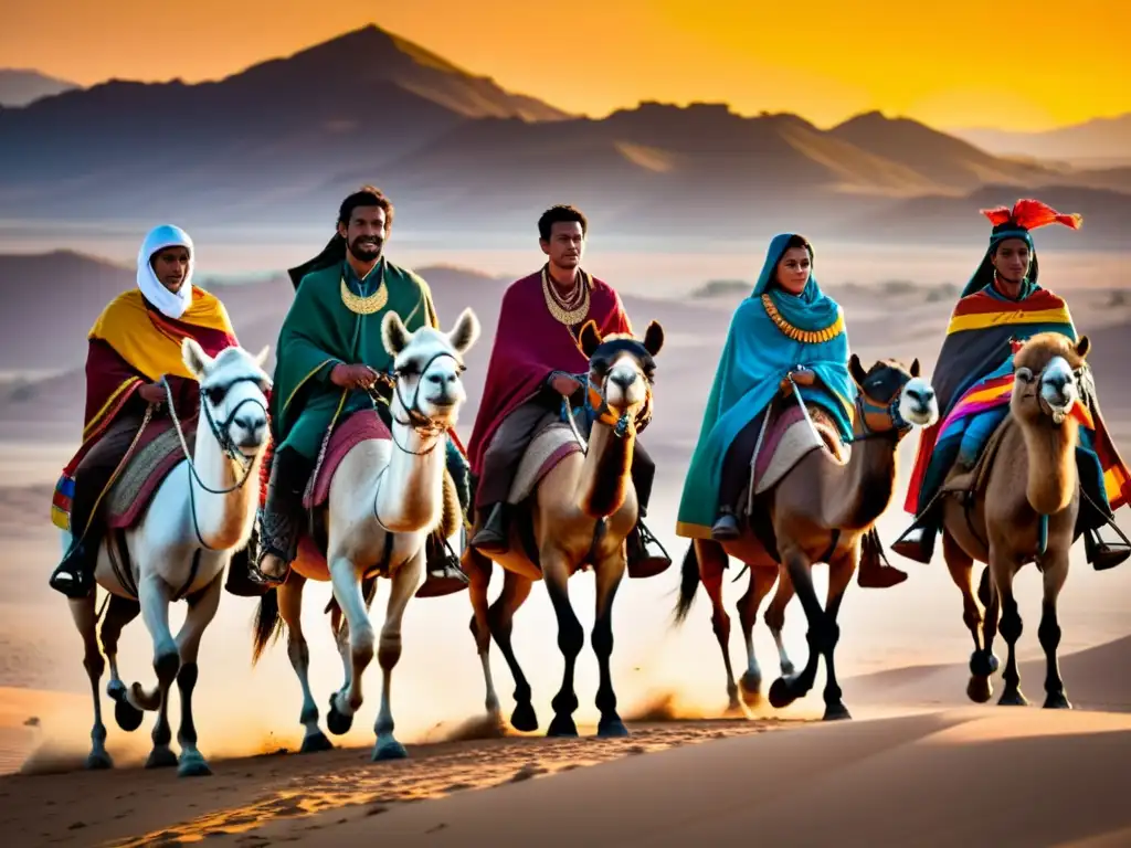 Un grupo de samuráis a caballo viaja por la Ruta de la Seda al atardecer, con coloridas banderas ondeando