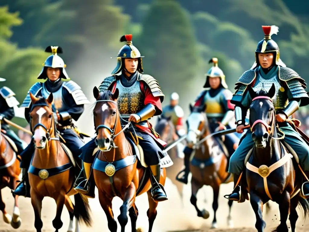 Un grupo de samuráis en caballo demostrando técnicas de combate a caballo samurái con gracia y precisión, en un paisaje histórico