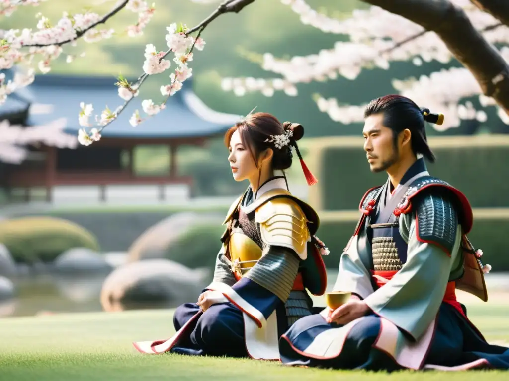 Grupo de samuráis realizando una ceremonia del té en un jardín con cerezos en flor, capturando la filosofía del Bushido en sociedad