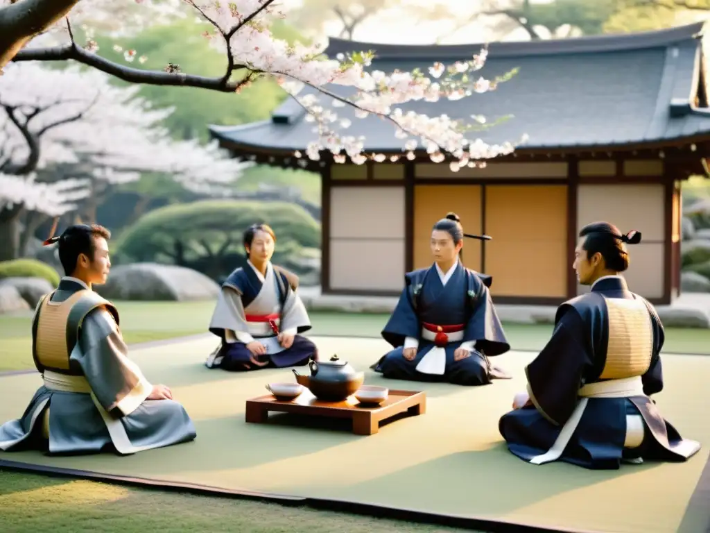 Grupo de samuráis participan en una ceremonia de té en un jardín sereno, envueltos en tradición y solemnidad